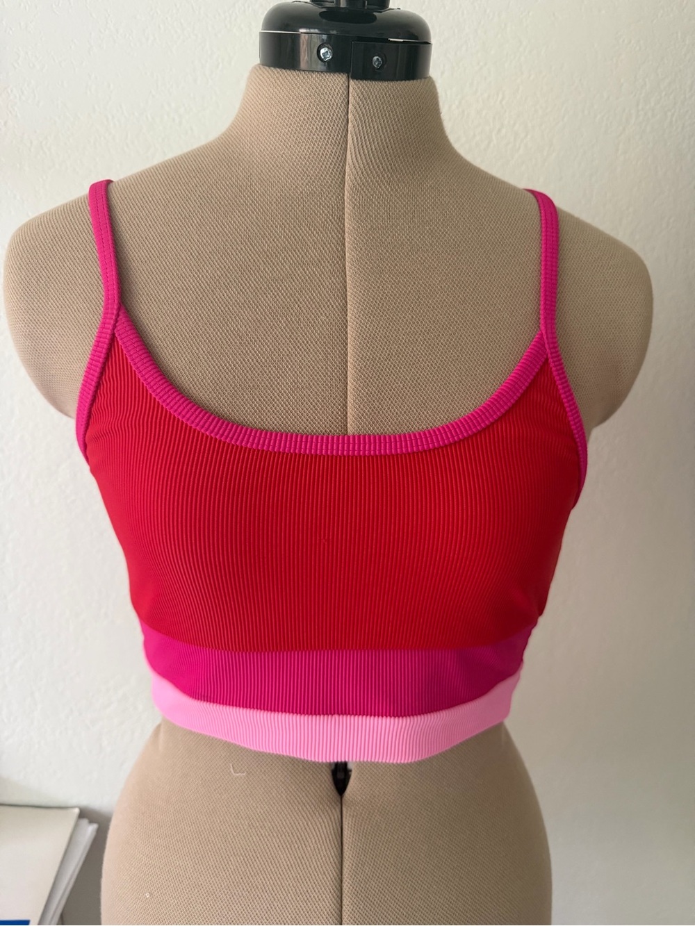 Beach Riot Red & Hot Pink Colorblock Ribbed Sports Bra